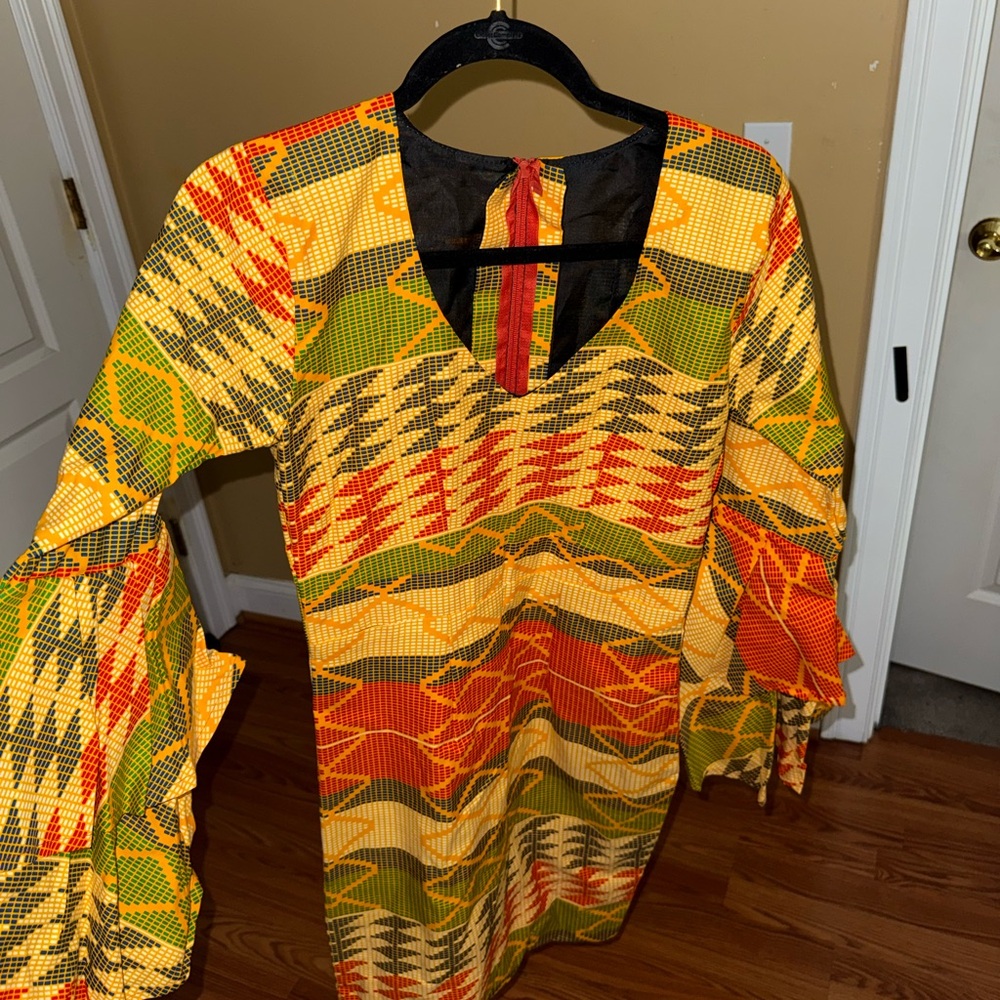 Vibrant Patterned Dress with Bell Sleeves